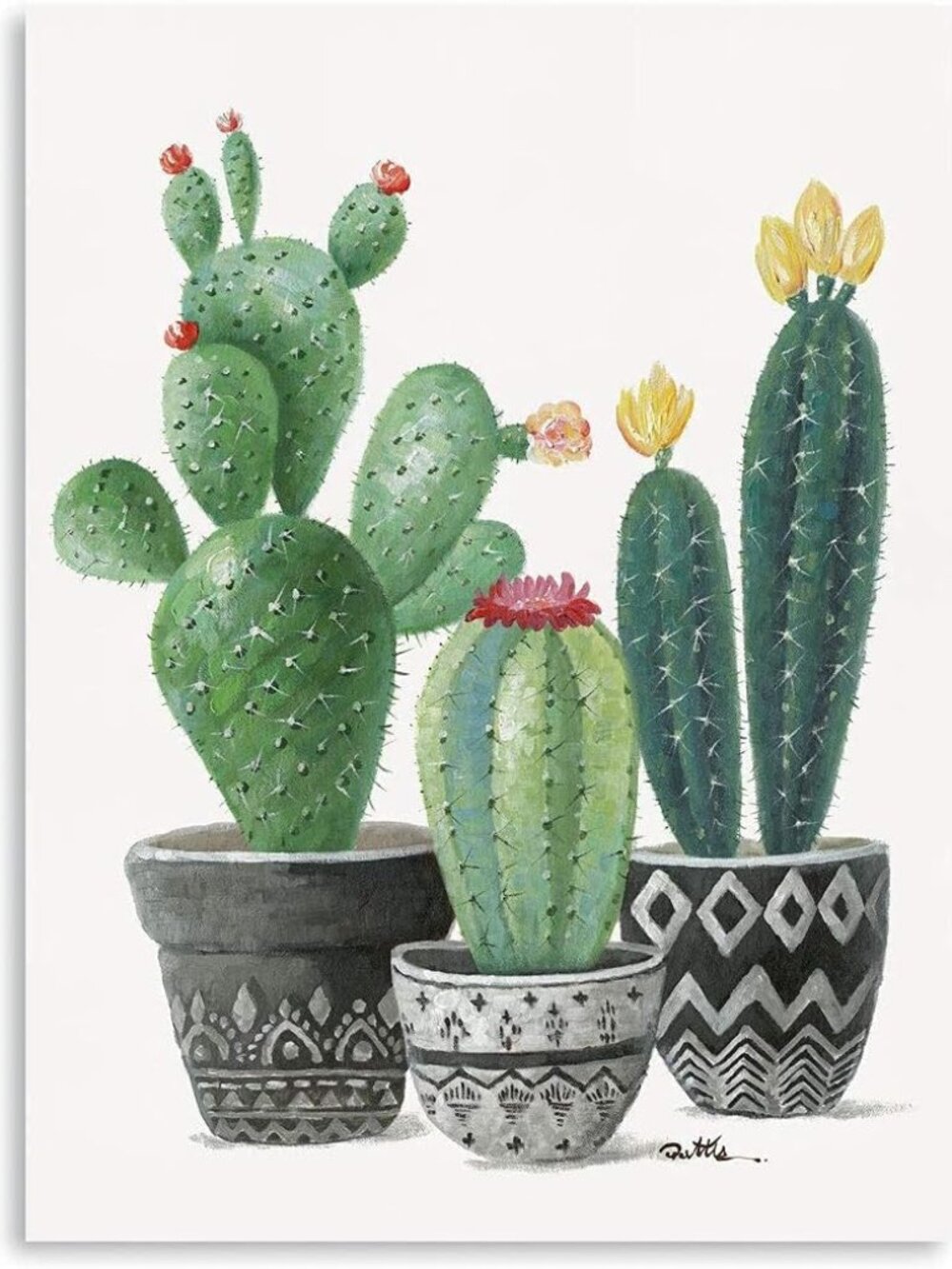 Cactus Wall Art Wall Decor Cactus with Red and Yellow Flowers in Mexican Floral